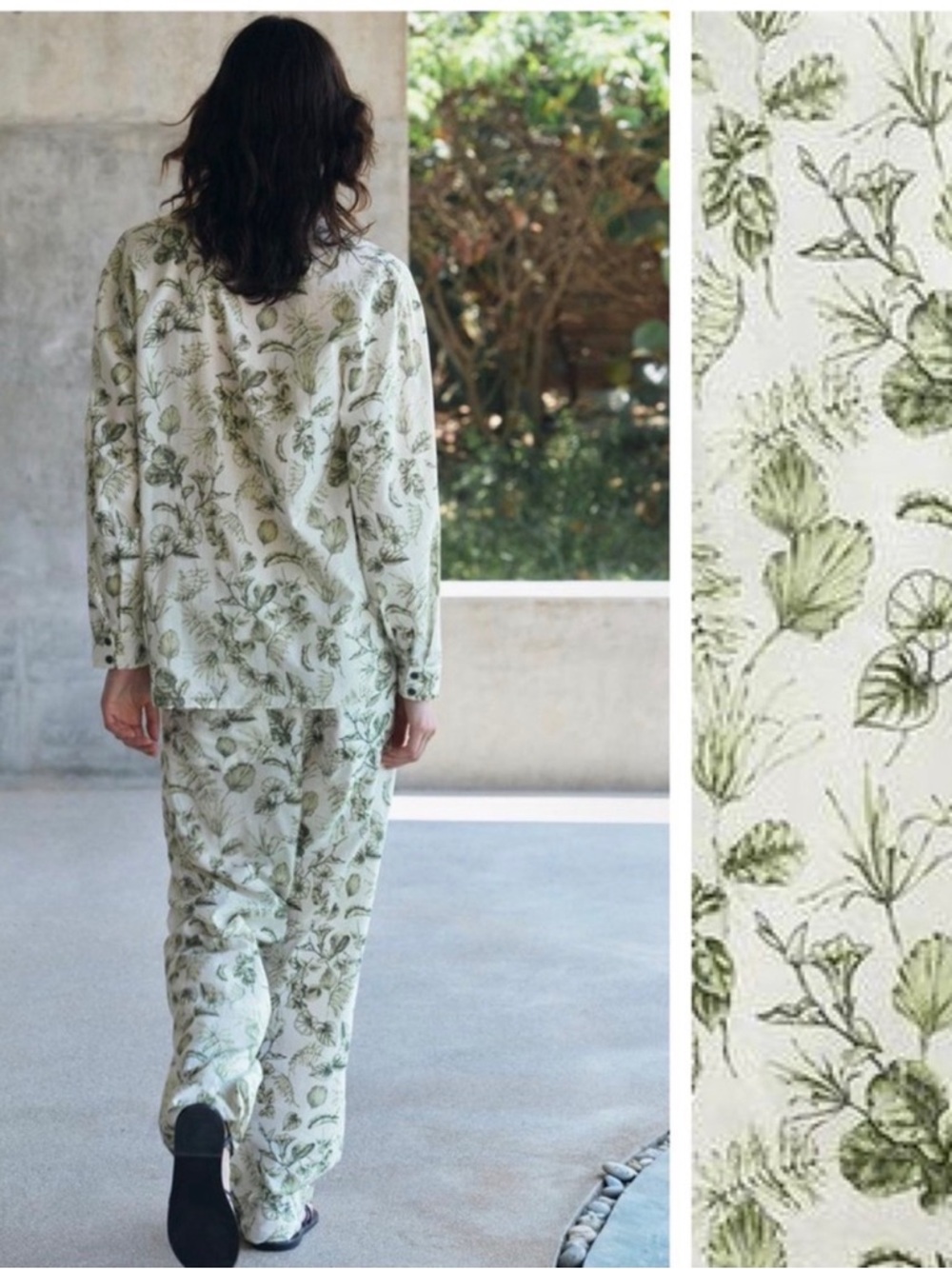 Zara Cream Wide-Leg Pants with Green Botanical Print - Picture 4 of 10